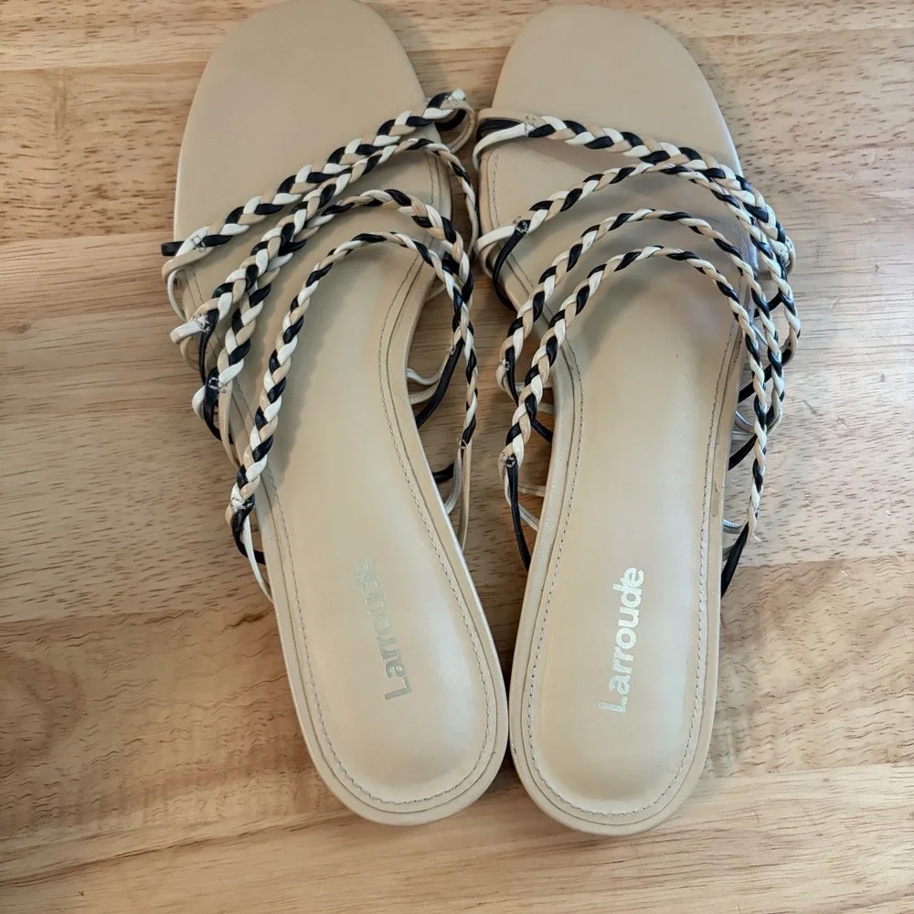 Larroudé Ibiza flat mules in multi-neutral leather 6.5 Tan Black‎ Brown Braided